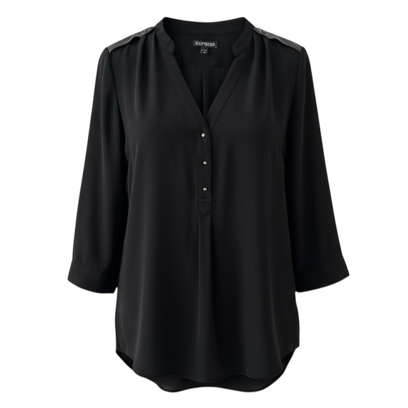 Express Black V-Neck 3/4 Sleeve Blouse with Satin Shoulder Epaulettes Size Small - Picture 5 of 5